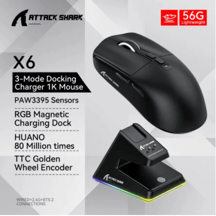 Attack Shark X6 PAW3395 Tri-Mode Wireless Gaming Mouse with DOCK