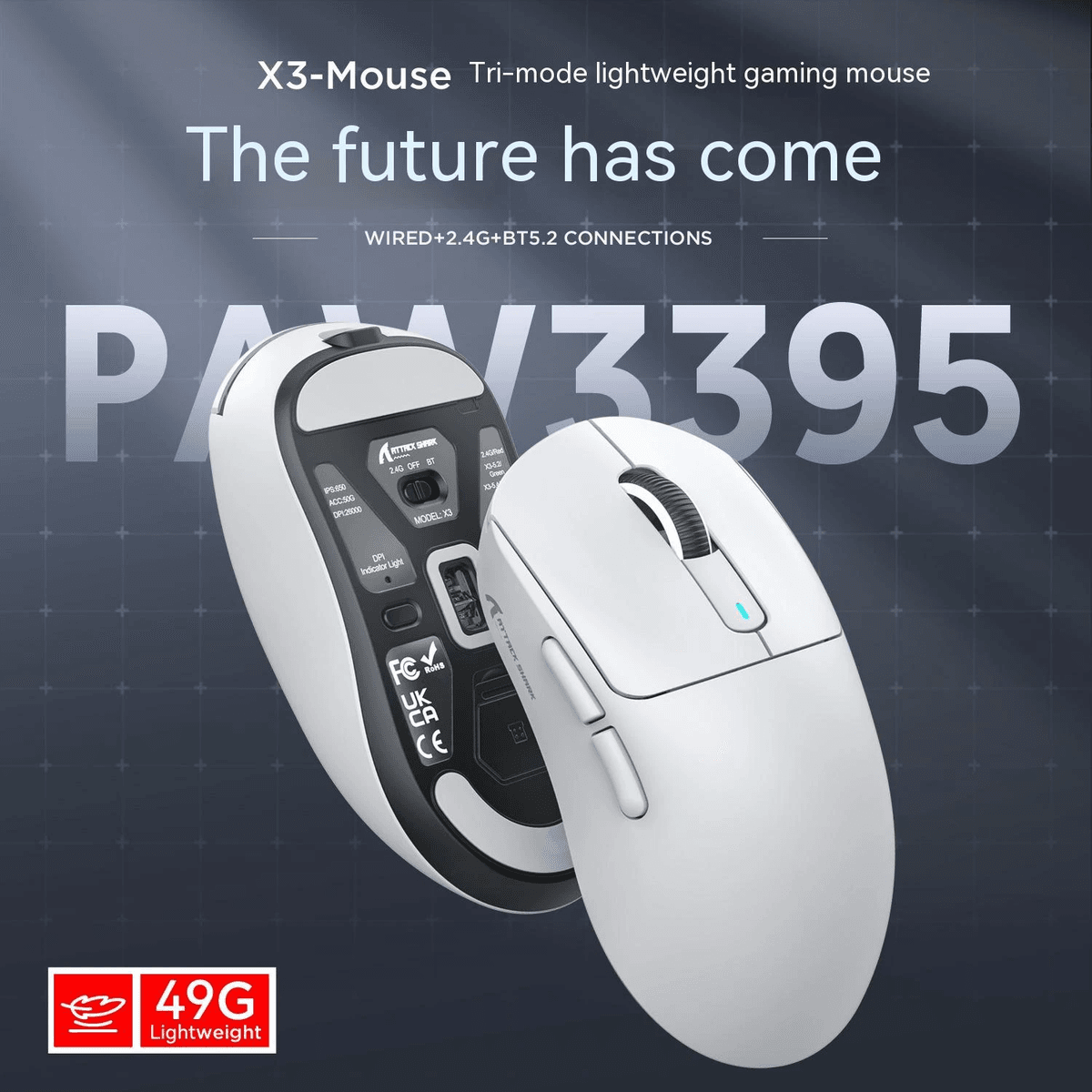 (Stock Out) Attack Shark X3 49g PAW3395 Tri-Mode Wireless Gaming Mouse
