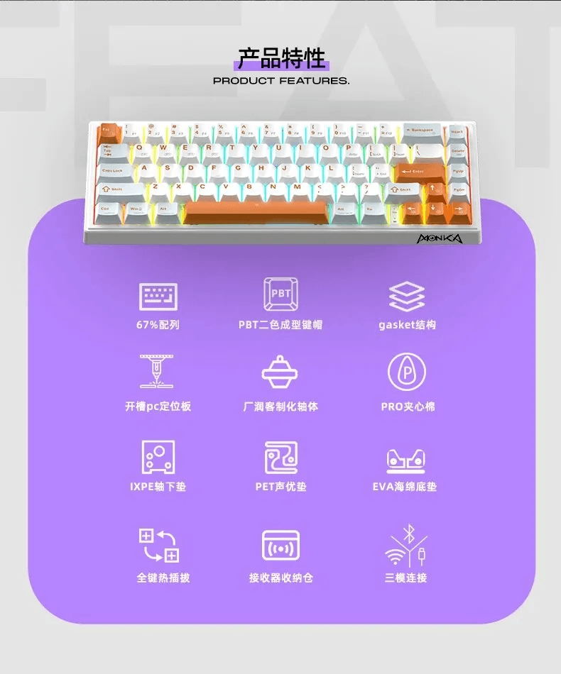 (Stock Out) Monka 3067 Pro V2 Tri-Mode Gasket Mount Hot-Swappable Mechanical Keyboard